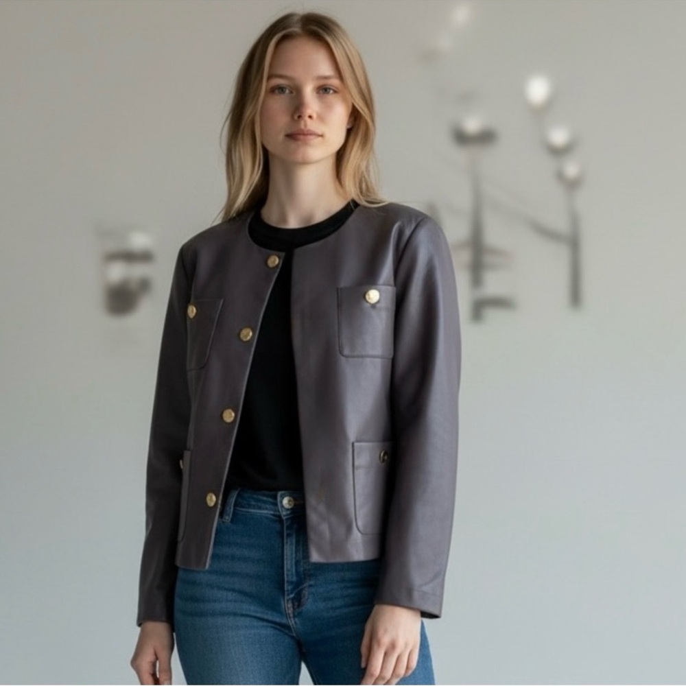 NWT JASON WU Faux Leather Blazer Jacket Gold Buttons Pockets Vegan DARK TAUPE